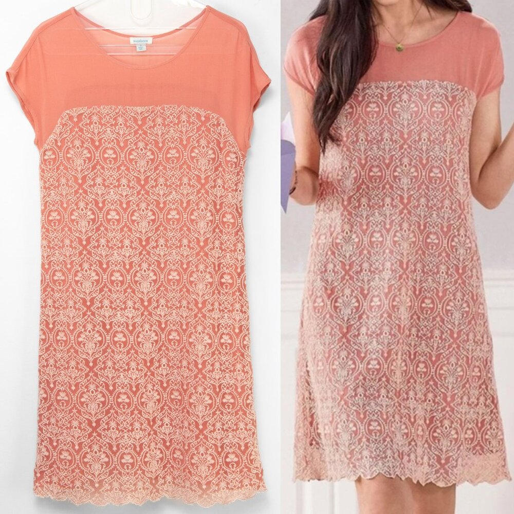 Sundance Rose Palace Embroidered Dress Sheath Midi Short Sleeve Pink White Small